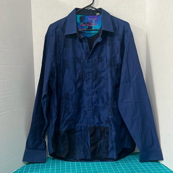 Robert Graham Mens Embroidered Button Down Navy Blue Black 100% Cotton Size XL - Picture 1 of 10